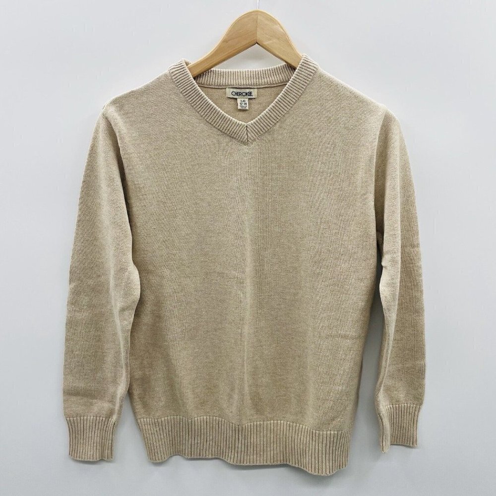 Cherokee Youth Boys Size Large 12/14 Long Sleeve V Neck Sweater in Beige 2291